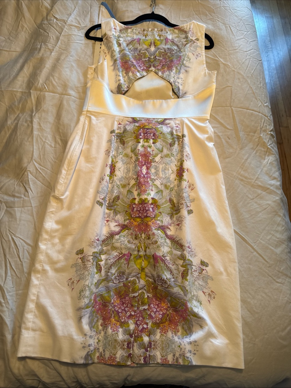 Karen Millen Cream Midi Dress with Pink and Green Floral Paneling